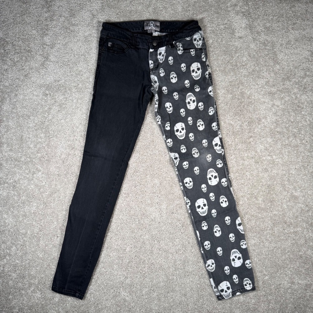 Royal Bones Daang Split Leg Grunge Skull Print Emo Skinny Jeans Black Womens 7